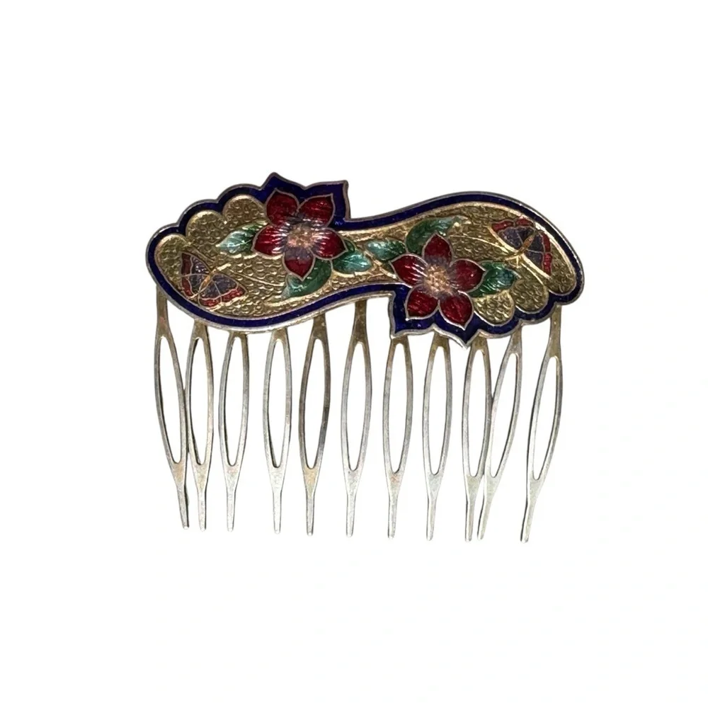 Vintage 80’s Enameled Floral Gold and Red Hair Comb
